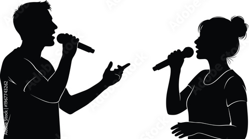 Silhouette, man, woman, singing, duet, karaoke, party, music, microphone, performers, entertainment, stage, performance, voice, hobby, vocalists, concert, isolated, white, background.
