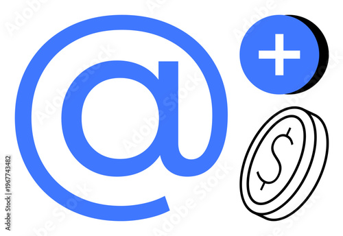 Email communication. Icon email symbol with digital currency and plus sign. Email simplifies professional communication, connects users, and facilitates digital payment exchanges. Applications