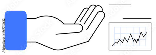 Business growth, financial performance, data analytics, investment opportunities, economic trends, corporate strategy. Open hand alongside rising graph. Business growth and financial performance