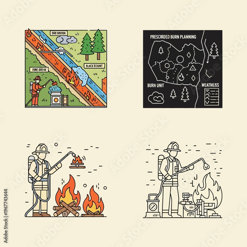 Prescribed burn planning and controlled fire operations for forest management and wildfire prevention and firefighters  conducting burns