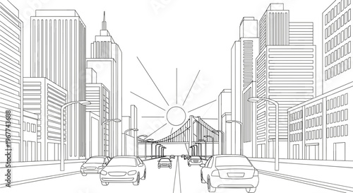 Modern Cityscape Skyline Vector Illustration with High Rise Buildings Traffic on the Highway and Bridge at Sunset