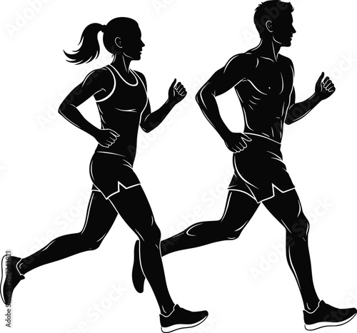 Silhouette, man, woman, couple, running, jogging, fitness, athletes, exercise, marathon, training, cardio, healthy, lifestyle, movement, speed, active, isolated, white, background.