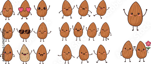 Cute almond characters collection kawaii nuts cartoon vector set with funny faces and poses isolated on white background for food and sticker design