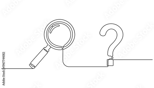 Continuous one line drawing Question mark, magnifying glass, line art, business concept, investigation symbol, search icon