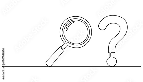 Continuous one line drawing Magnifying glass, question mark, line icon, search symbol, investigation concept