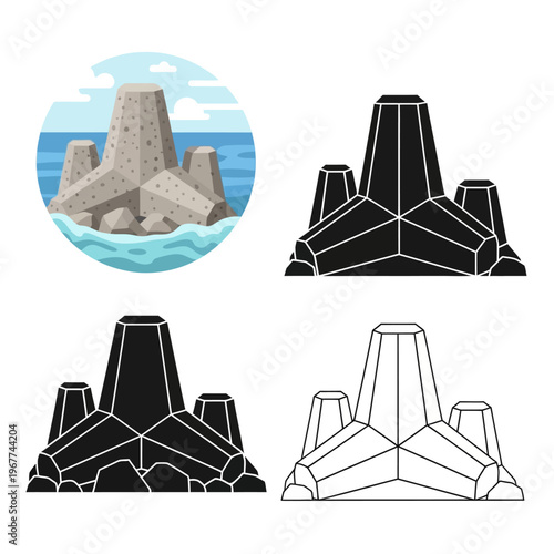 Tetrapod concrete coastal protection structures in different styles and colors for shoreline erosion prevention and marine environment  sea defense systems