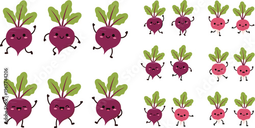 Cute beetroot characters collection kawaii vegetable cartoon vector set with funny faces and poses isolated on white background for healthy food design