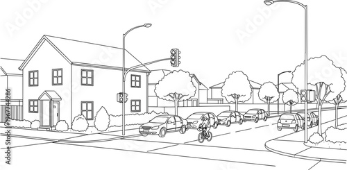 Modern Suburban Neighborhood Street Scene with Two Story Residential House Traffic Lights and Cars in Minimalist Vector Illustration