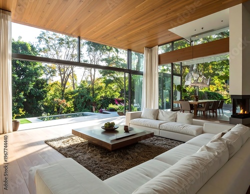 Modern luxury living room, large windows, scenic outdoor view
