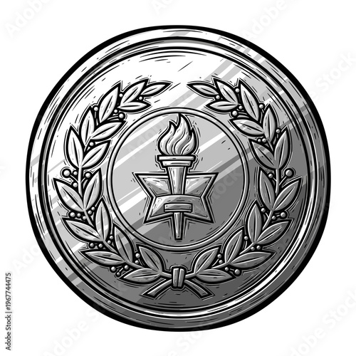 Vector Pinocut Detailed illustration of a metallic medallion with laurel wreaths and a torch symbol.