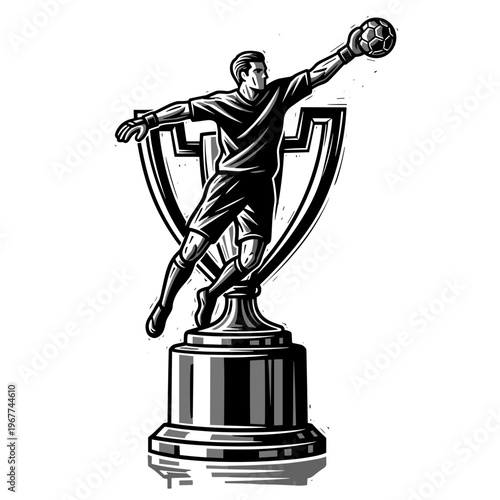 Vector Pinocut A stylized illustration featuring a goalkeeper reaching for a soccer ball atop a trophy. 