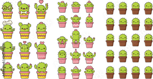 Cute Cactus Cartoon Characters Collection with Funny Emotions Kawaii Succulent Plants in Pots Set Isolated on White Background
