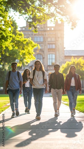 Diverse Group of Students Walking on Campus Path with University Building in Background.