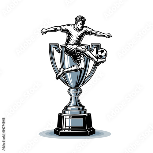 Vector Pinocut A soccer player kicking the ball while standing on top of trophy.