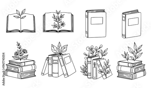 Hand drawn outline books vector set floral book stack open book illustration