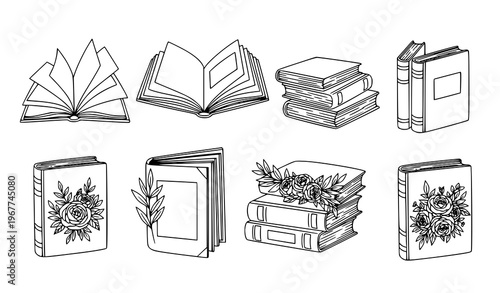 Floral book outline vector set hand drawn open book and stack illustration