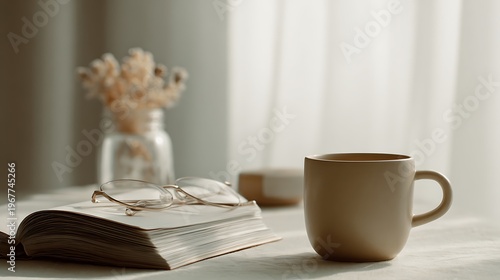 Empty tabletop as the main subject symbolizing daily routine beginnings, background softly fading into neutral tones with subtle depth, even ambient lighting ensuring a calm look, eye-level shot with 