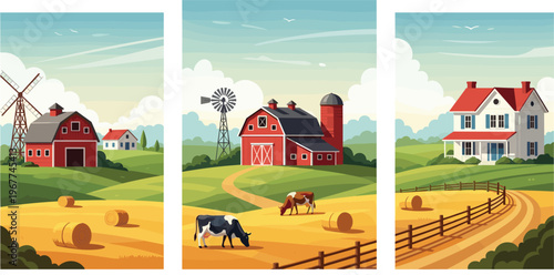 Scenic Rural Landscape with Red Barn, Windmill, Grazing Cows, and Country House for Farm Life and Agricultural Illustrations