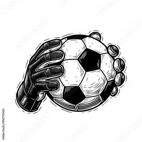 Vector Pinocut A close-up illustration of a hand wearing a goalkeeper glove, clutching a soccer ball.