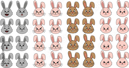 Cute Bunny Face Emoji Collection with Different Expressions Cartoon Rabbit Heads Set Kawaii Animal Character Icons Isolated on White Background