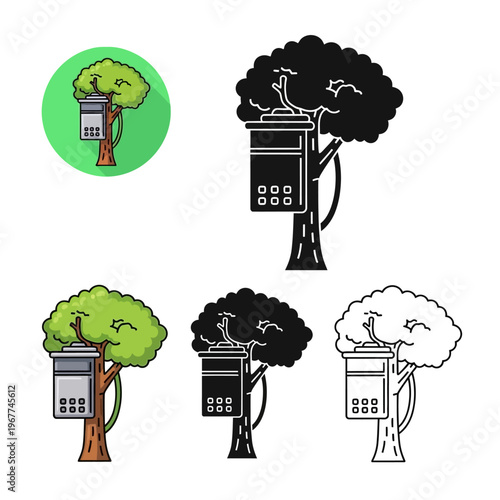 Tree with a house on it  treehouse  green tree  black tree  white tree  tree with road  house on tree