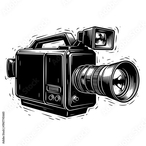 Vector Pinocut Vintage style image of a retro camcorder in black and white.