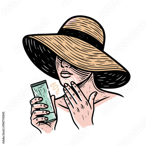 Vector Pinocut Woman applying sunscreen under sunlight.