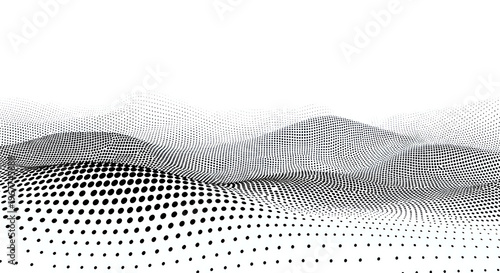 A black and white abstract landscape of dots forming a wavy pattern