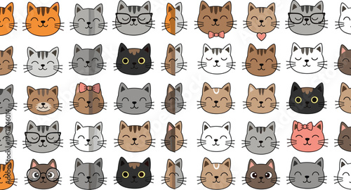 Cute Cat Faces Cartoon Collection with Different Breeds and Expressions, Kawaii Kitten Heads Set for Pet Design Vector Illustration