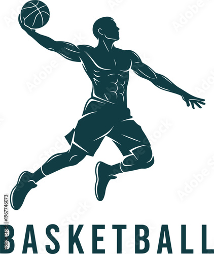 Professional basketball player silhouette performing a powerful slam dunk logo design for sports brands and athletic apparel.