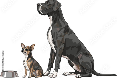 Great Dane and Chihuahua Dog Illustration Set with Dog Bowl for Pet, Animal, and Dog Lover Designs