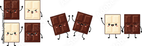 Cute chocolate bar characters collection kawaii dessert cartoon vector set with dark and white chocolate personalities isolated on white background for food design