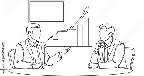Professional business meeting between two businessmen discussing financial growth and success with rising bar chart vector illustration.