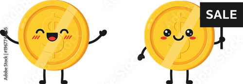 Cute coin characters collection kawaii money cartoon vector set with dollar coins holding sale sign isolated on white background for finance and shopping design