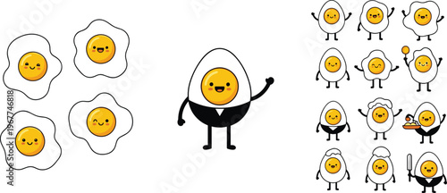 Cute fried egg characters collection kawaii breakfast food cartoon vector set with funny faces and poses isolated on white background for kids design