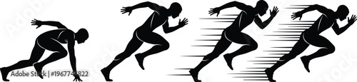 Silhouette, of, male, runner, sequence, starting, and, sprinting, with, motion, speed, lines, athlete, fitness, progression, isolated, white, background, phases, exercise.
