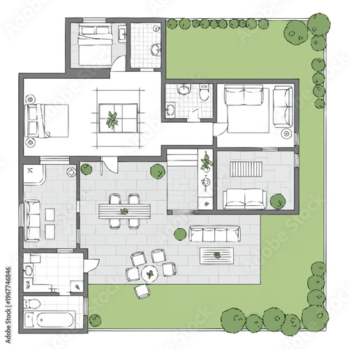 Modern Residence Floor Plan Architectural Design Layout Showing Interior Spaces and Exterior Yard With Lush Greenery and Outdoor Seating Area
