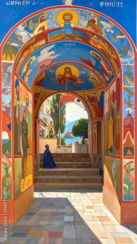 Ornate archway frames steps leading to an ocean view. Monk sits, vibrant colors