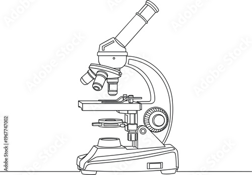 Professional laboratory optical microscope for scientific research and medical education black and white minimalist line art vector illustration.