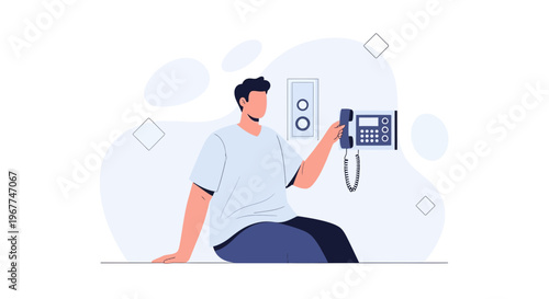 Man holding an intercom phone in a minimalist room, communication concept