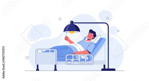 Man in Hospital Bed Adjusting Lamp, Medical Care Concept Illustration