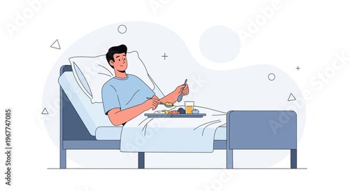 Man in Hospital Bed Eating Meal on Tray - Recovery and Healthcare Concept