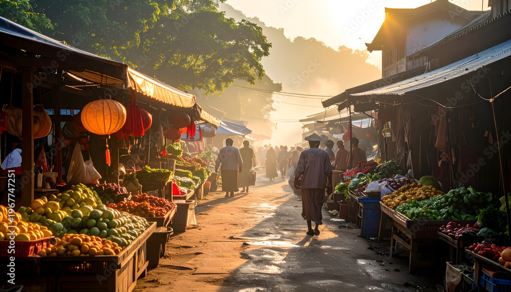 Obraz premium traditional market in the morning with walker view and fruits seller