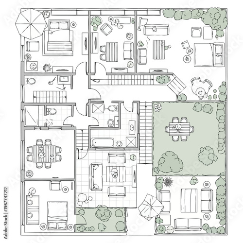 Detailed Architectural Plan Hand Drawn Layout of a Modern House With Exterior Garden and Interior Furnishings Ideal for Real Estate Development
