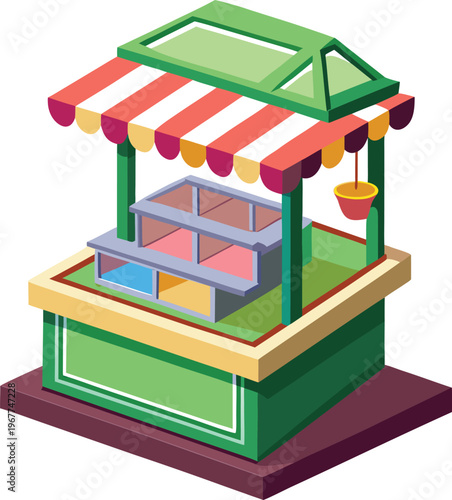 Isometric Market Stall Vector Illustration with Striped Awning