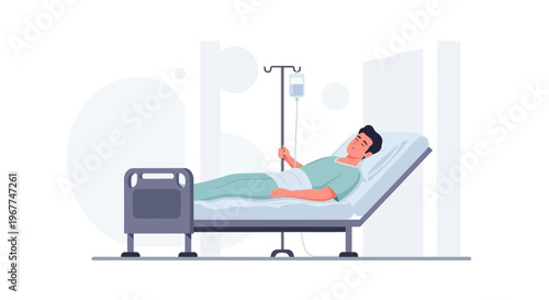 Man in hospital bed with IV drip, medical care, patient recovery, healthcare illustration