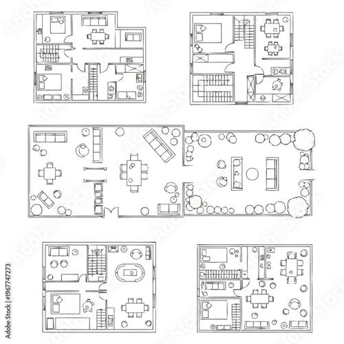 Architectural Floor Plan Layouts Showing Multiple Apartment And House Designs With Furniture Placement For Residential Space Planning And Interior