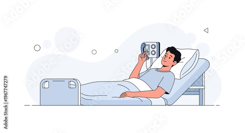 Man in hospital bed with medical monitor, illustration