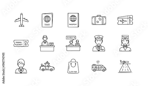 A set of travel icons including airplane, passport, and luggage illustrations