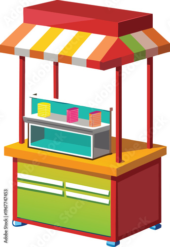Vibrant Market Stall Kiosk Vector Graphic with Striped Awning and Display